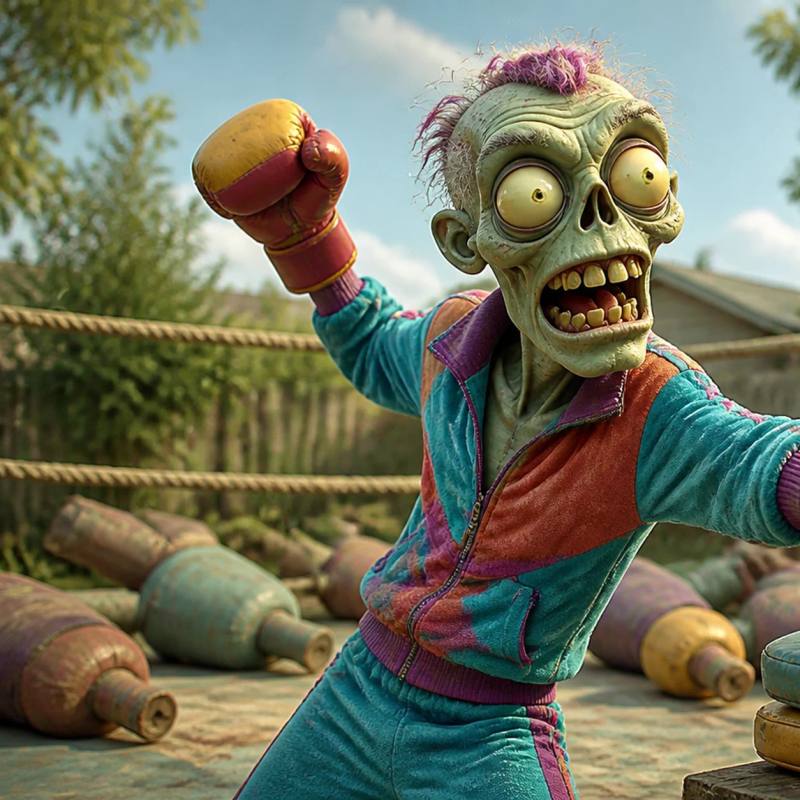 Illustration of a zombie mascot mid-punch in a scrappy backyard boxing ring, surrounded by knocked-over training dummies and worn punching mitts, under a single hanging light bulb.