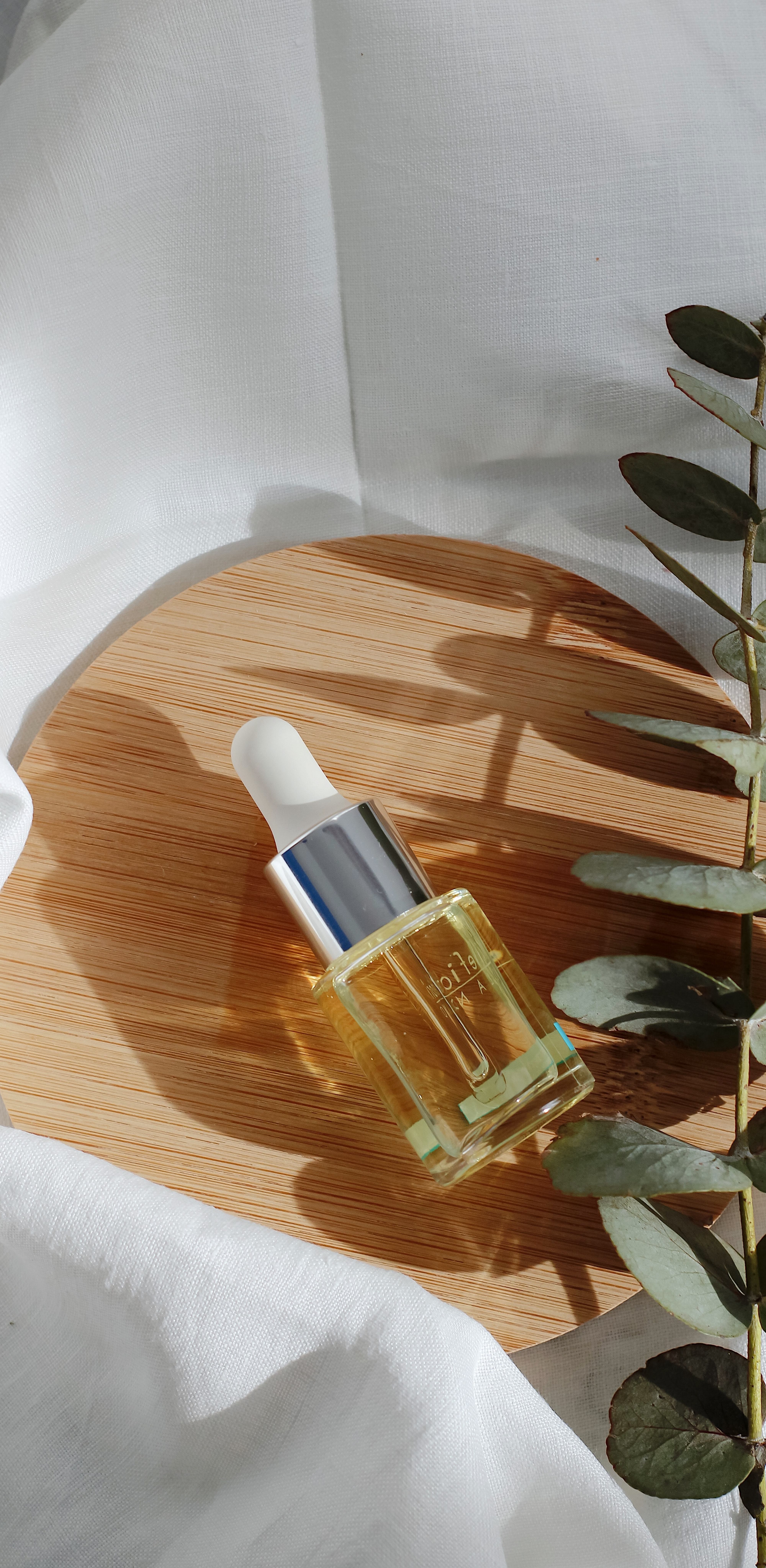 Cosmetics bottle on table with plant