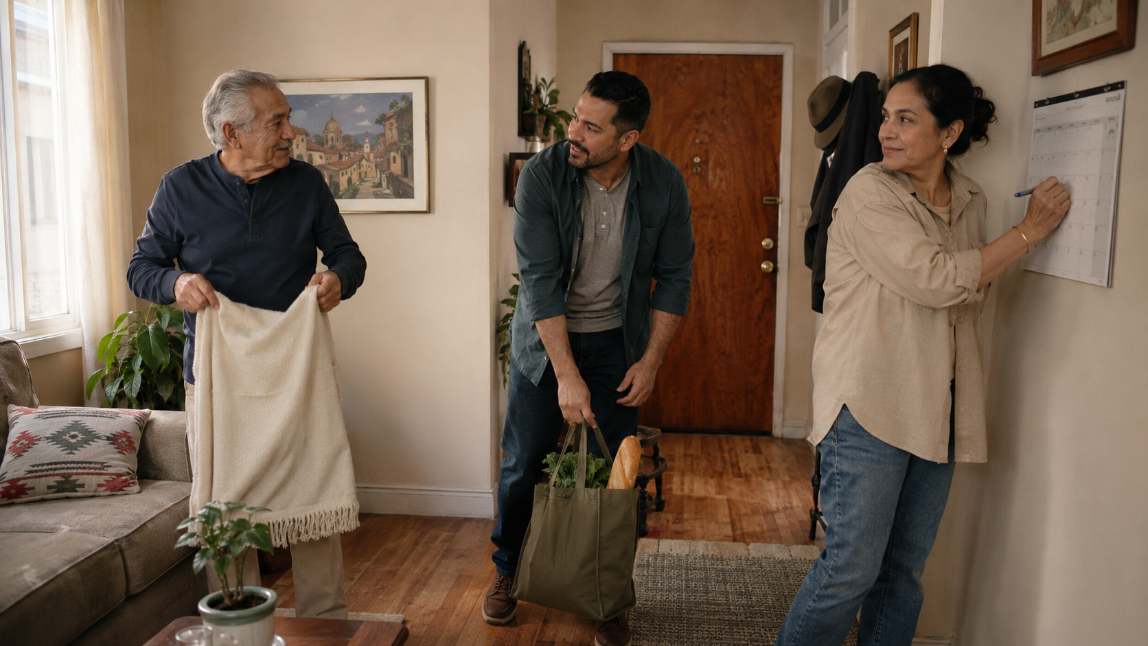 An older father and his adult children sharing household and caregiving responsibilities at home.