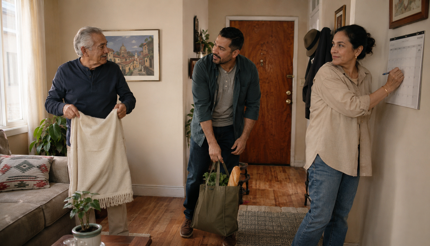 An older father and his adult children sharing household and caregiving responsibilities at home.