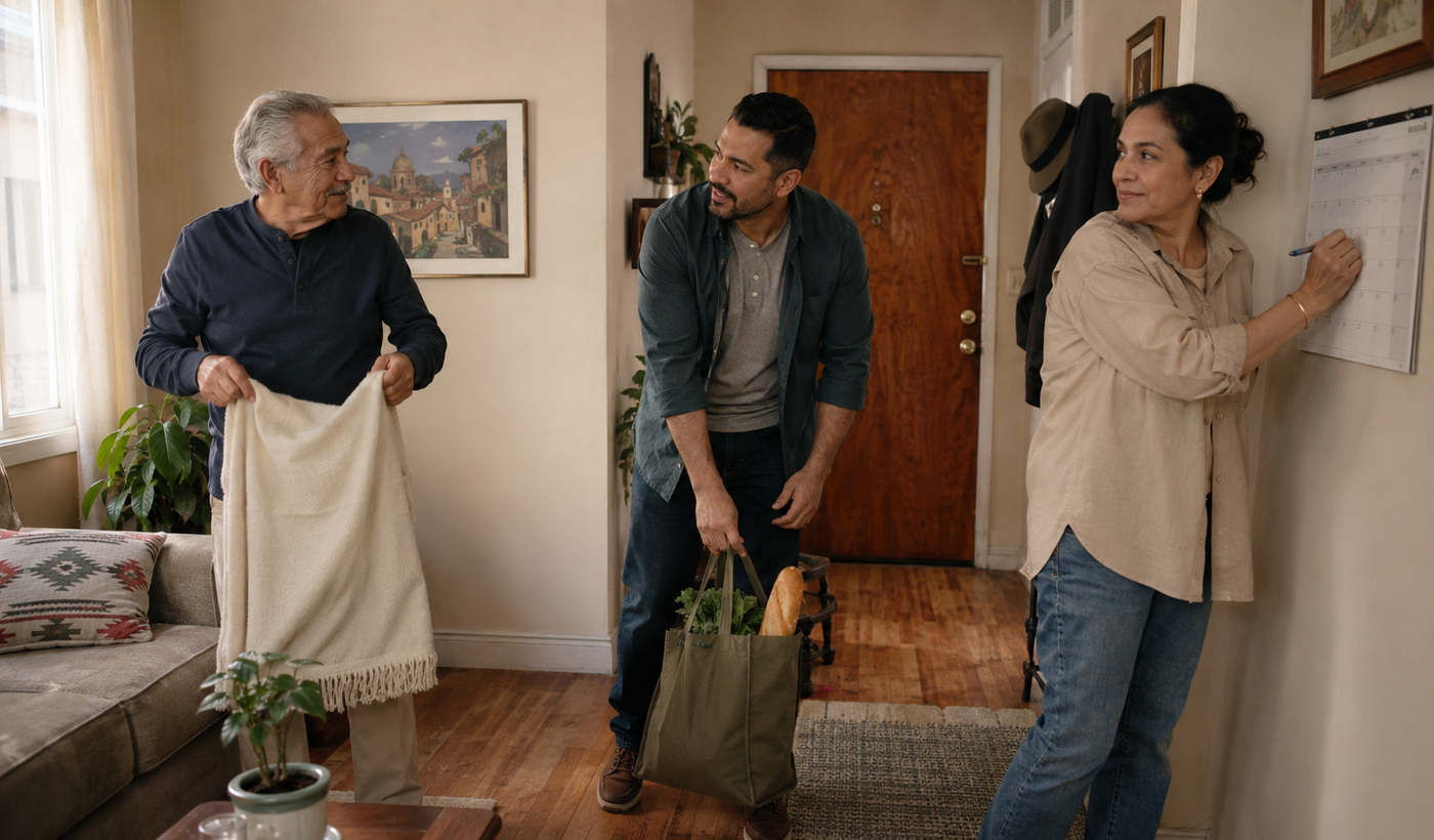 An older father and his adult children sharing household and caregiving responsibilities at home.