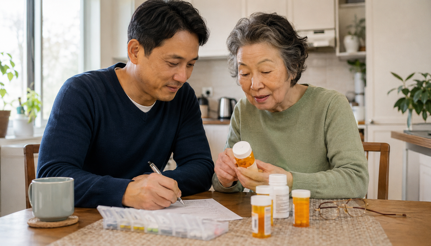 An older mother and her adult son reviewing medication bottles and updating a medication list together at home.
