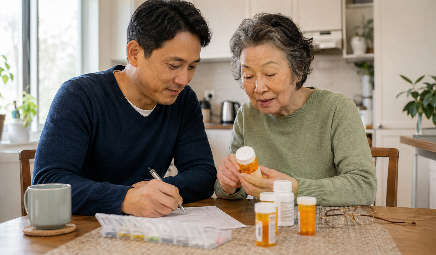 An older mother and her adult son reviewing medication bottles and updating a medication list together at home.