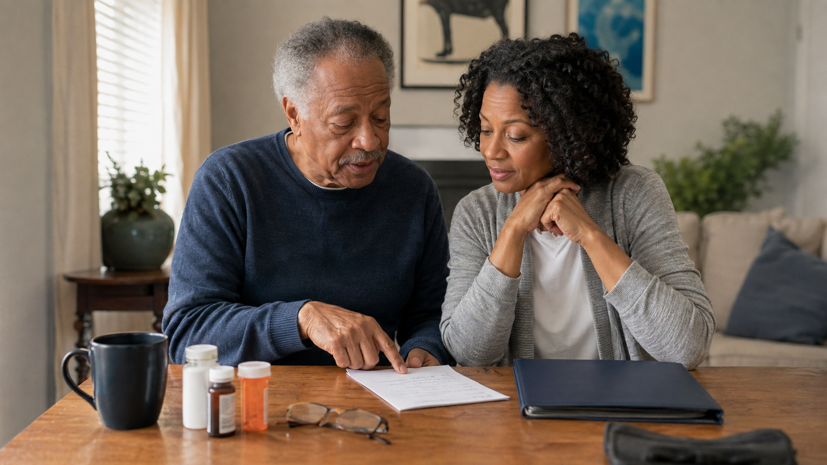 An older father and his adult daughter reviewing a medical appointment checklist together at home.