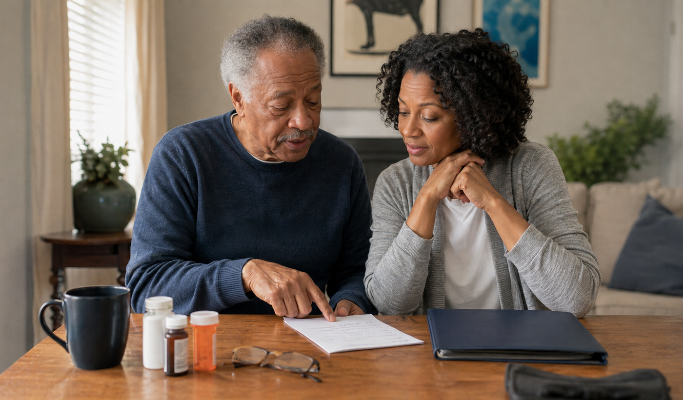 An older father and his adult daughter reviewing a medical appointment checklist together at home.