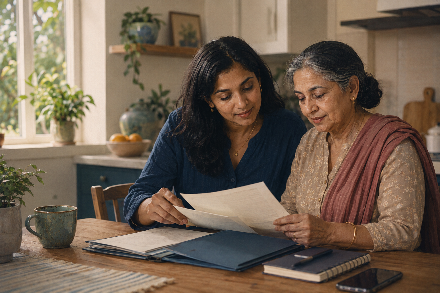 A mother and adult daughter organizing family care documents together at a kitchen table.