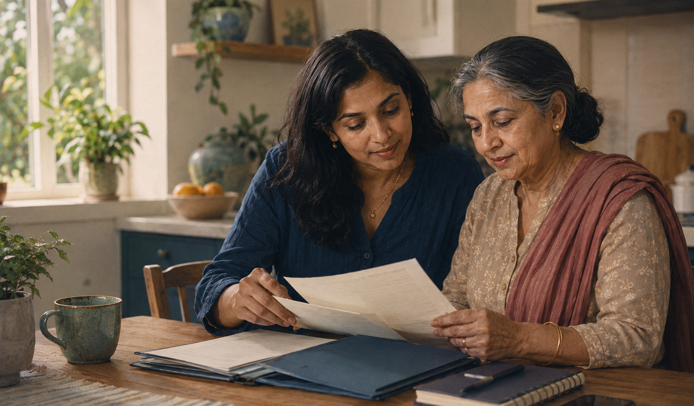 A mother and adult daughter organizing family care documents together at a kitchen table.