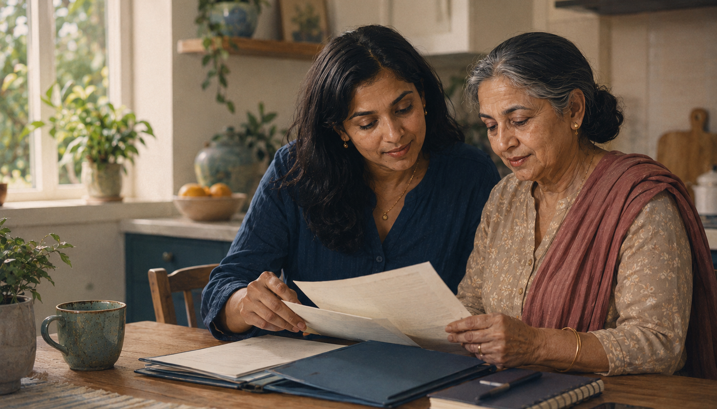 A mother and adult daughter organizing family care documents together at a kitchen table.