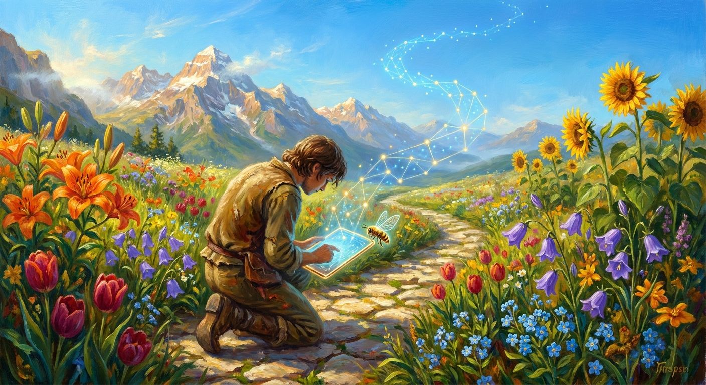 A developer kneels on a stone path in a vivid wildflower meadow, studying a glowing tablet that projects a luminous timeline of connected dots, with a small luminous bee resting on its edge.
