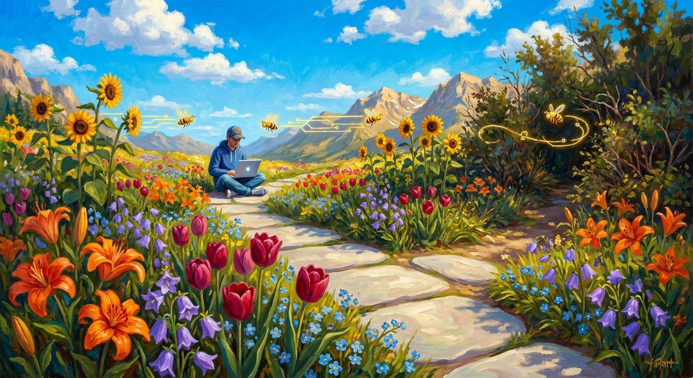 A vivid alpine meadow full of orange lilies, red tulips, purple bellflowers, and sunflowers, where a developer works on a glowing laptop beside a clear stone path and small luminous bees fly a straight line between blooms, while one bee circles a tangled thicket in the distance.