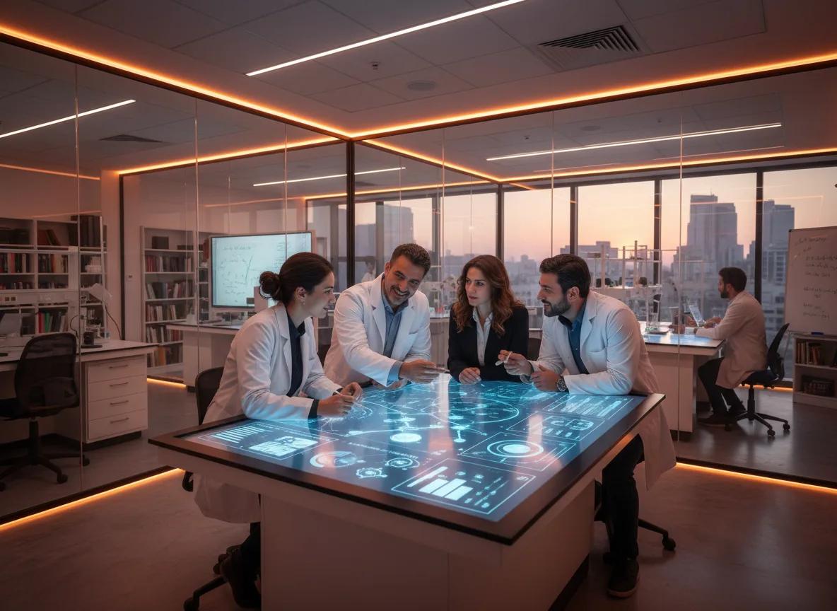 A multidisciplinary research team collaborating around an interactive table in a health laboratory.