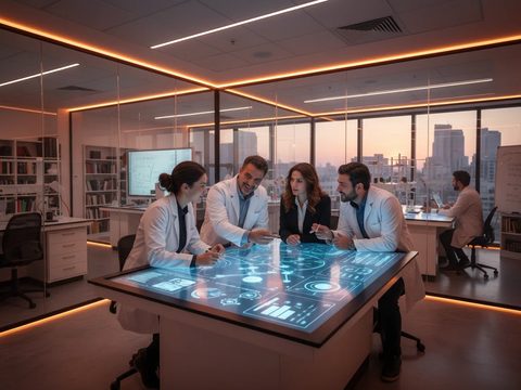 A multidisciplinary research team collaborating around an interactive table in a health laboratory.