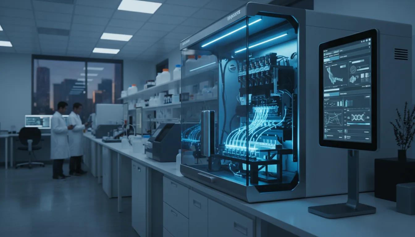 Genomic sequencing data displayed across laboratory monitors.