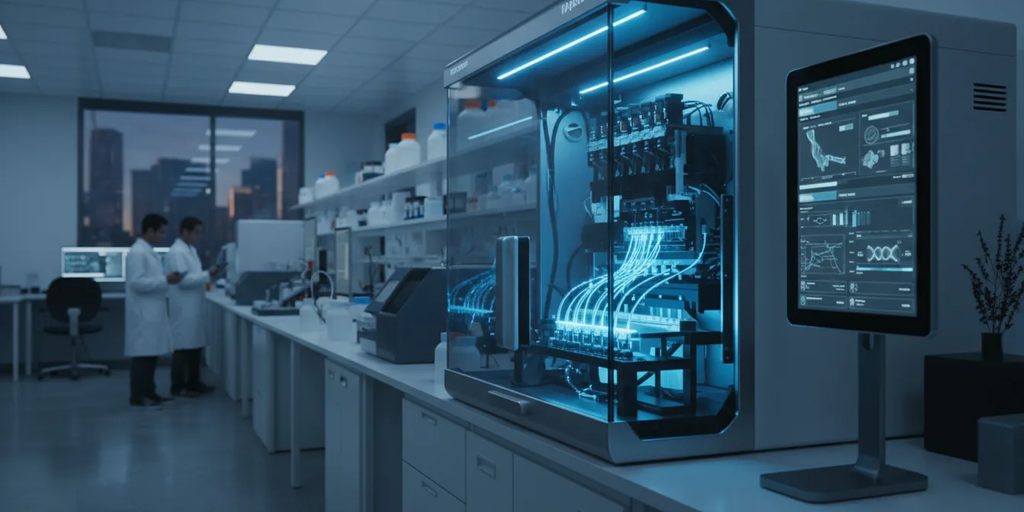 Genomic sequencing data displayed across laboratory monitors.
