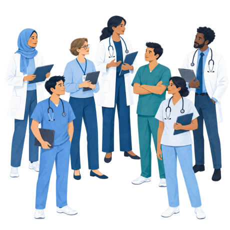 Seven healthcare professionals standing together in an illustration.