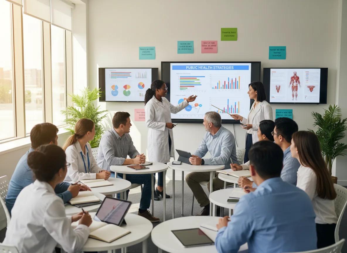 Public-health practitioners reviewing evidence and discussing program findings during a workshop.