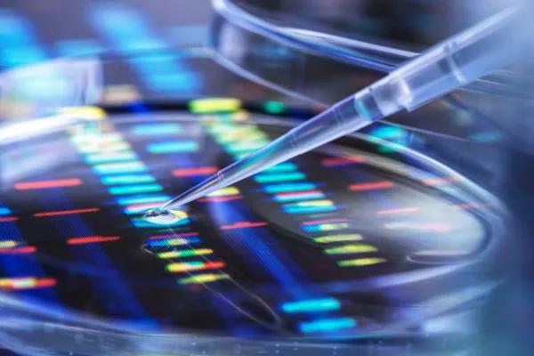 Abstract genomic sequencing data displayed as luminous bands.