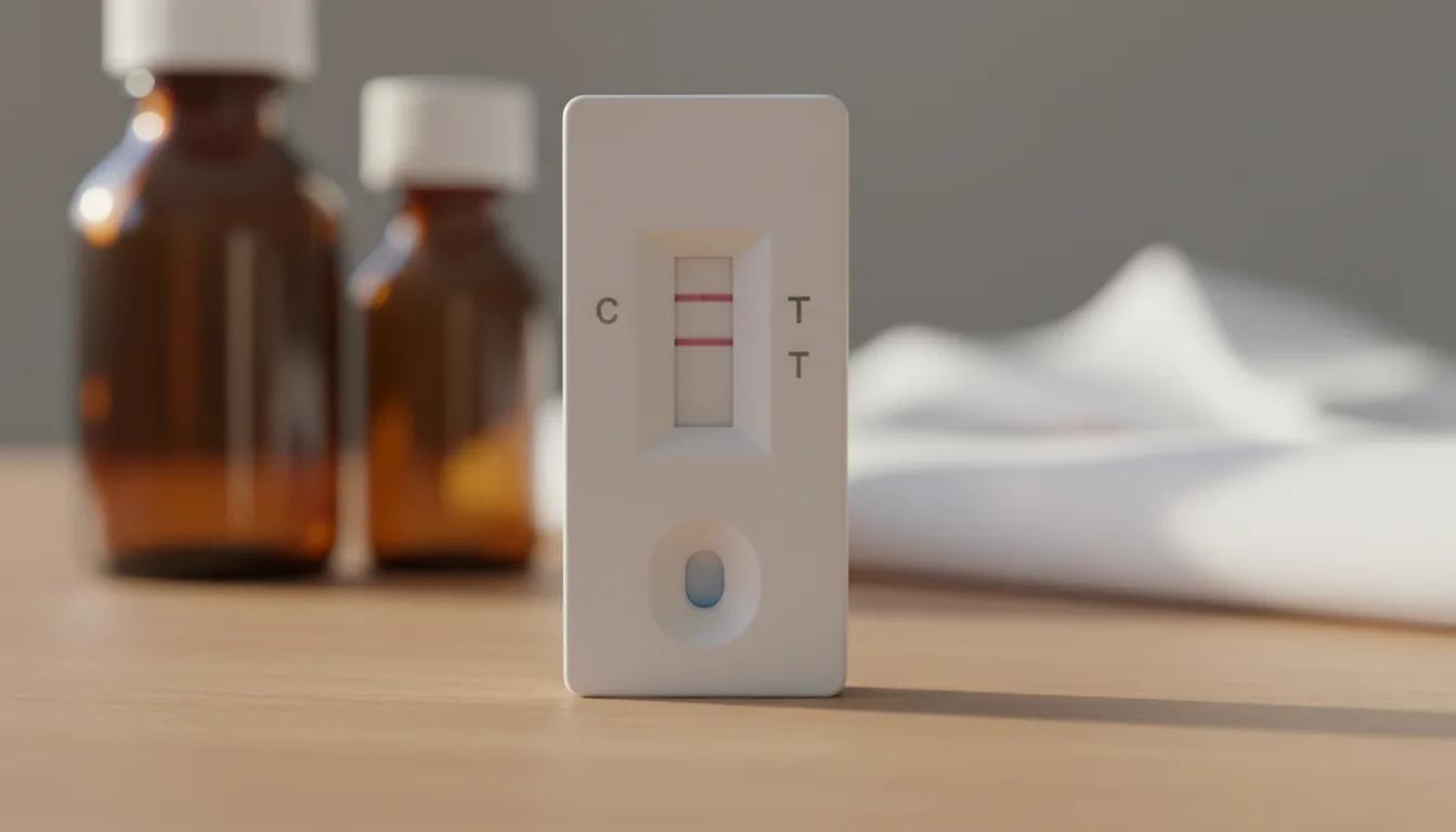 Rapid diagnostic testing supplies arranged in a clinical workspace.