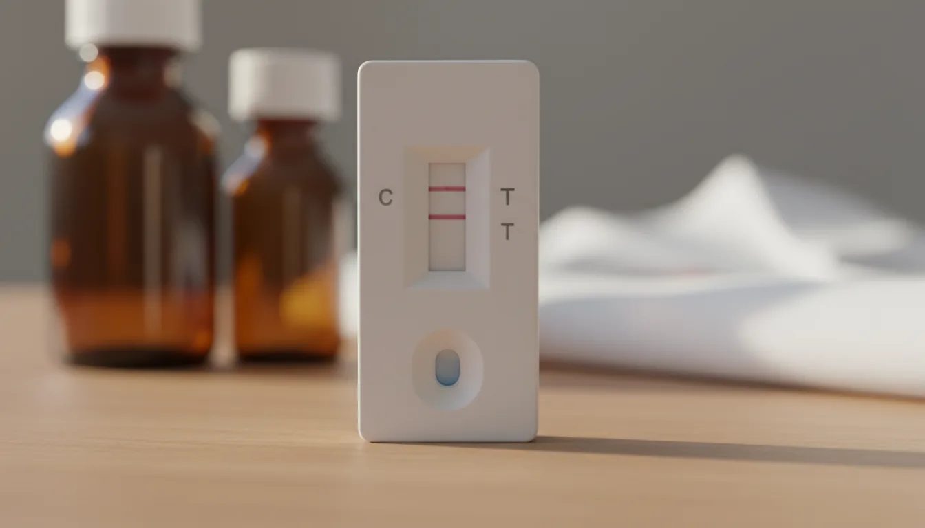 Rapid diagnostic testing supplies arranged in a clinical workspace.