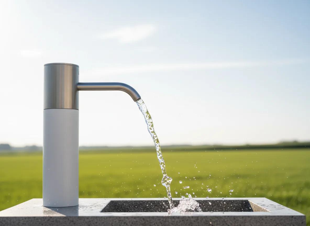 Clean water flowing from a public tap beside an agricultural field.