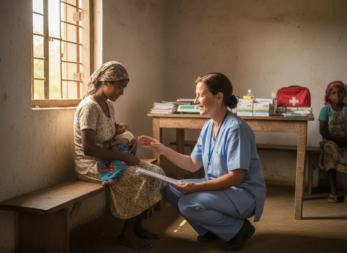 A health worker checking a woman during a community clinic visit.