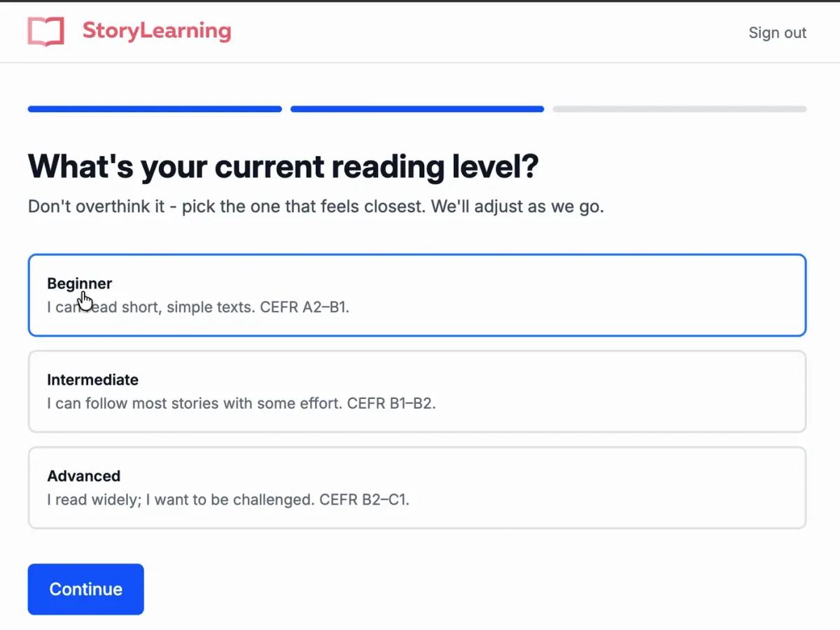 Reading level choice in the StoryLearning App, beginner to advanced with CEFR labels