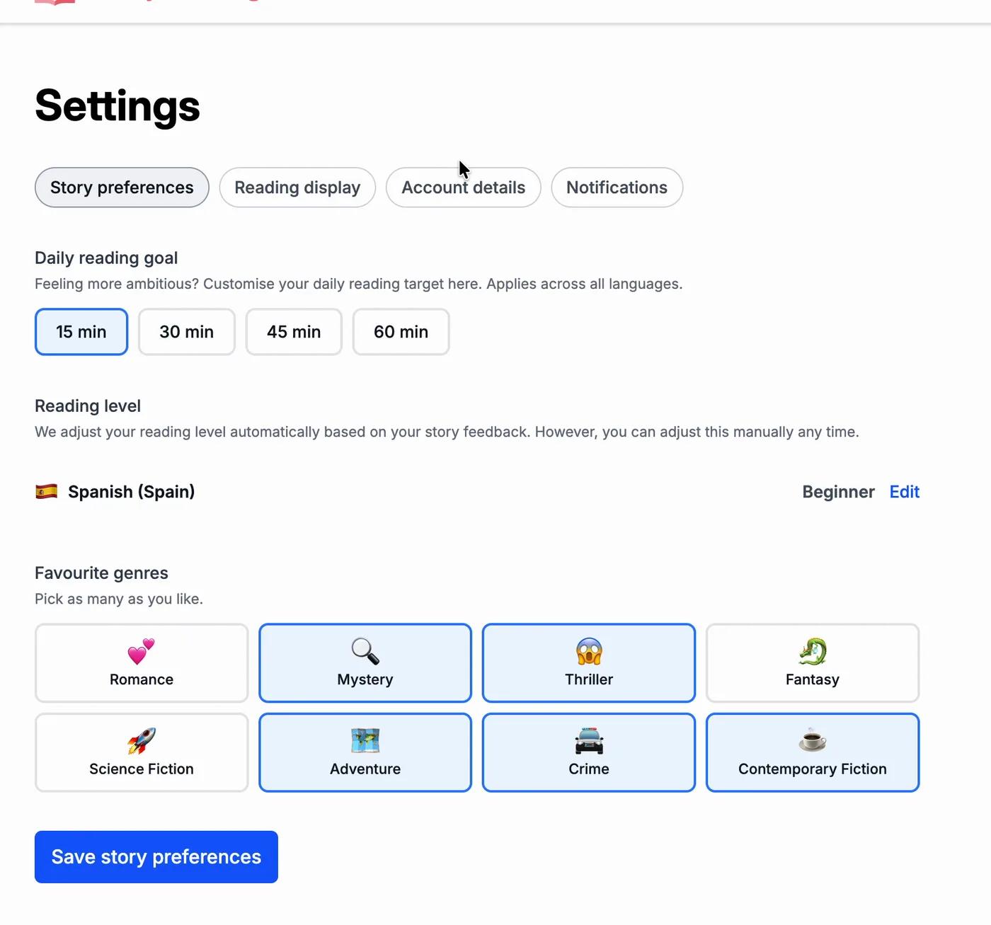 StoryLearning App settings with daily reading goal, reading level and favourite genres