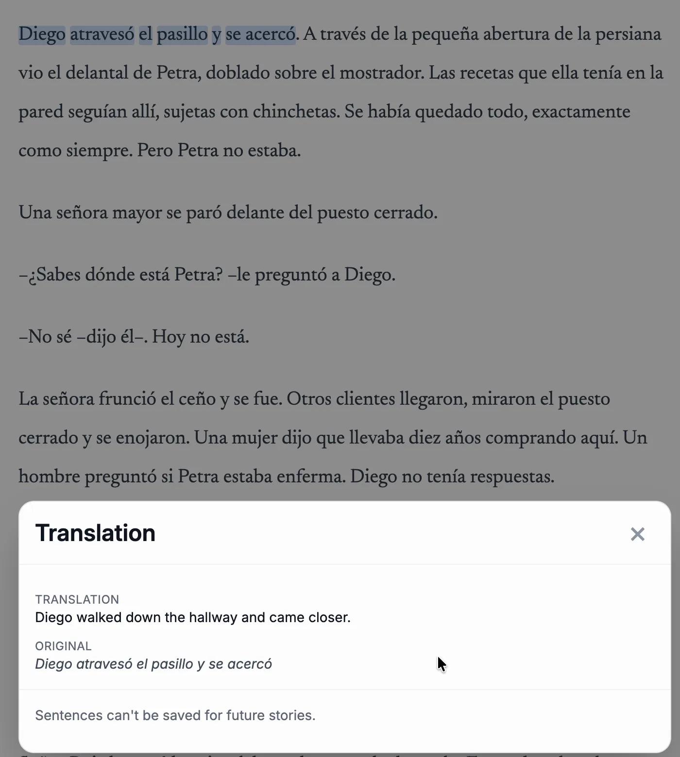 Sentence translation panel after dragging across a Spanish sentence
