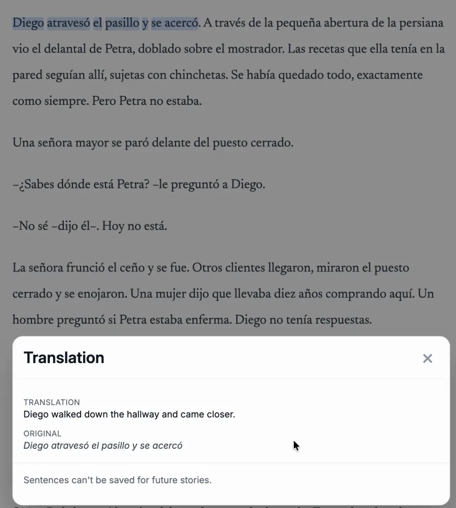Sentence translation panel after dragging across a Spanish sentence