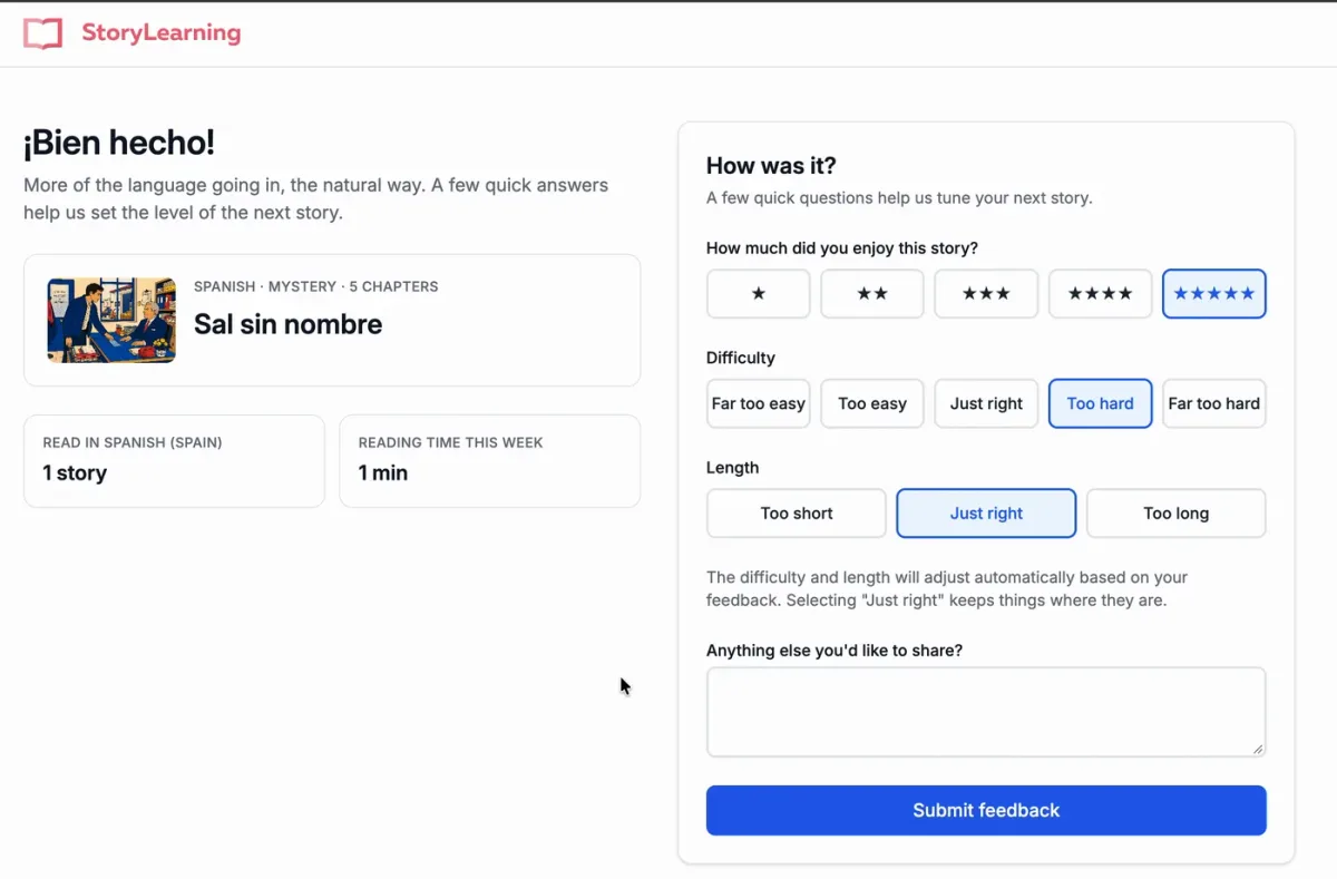 Feedback form after finishing a story, with rating, difficulty and length