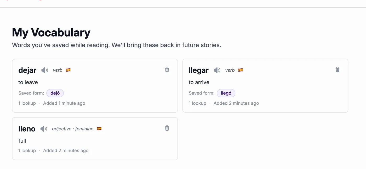 My Vocabulary list in the StoryLearning App with dejar, llegar and lleno