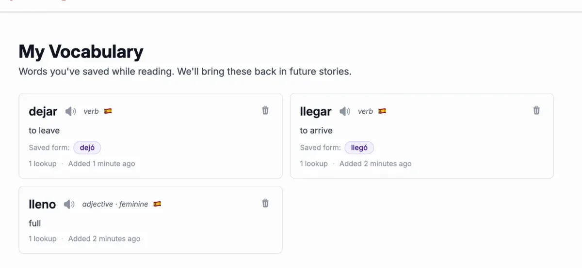 My Vocabulary list in the StoryLearning App with dejar, llegar and lleno