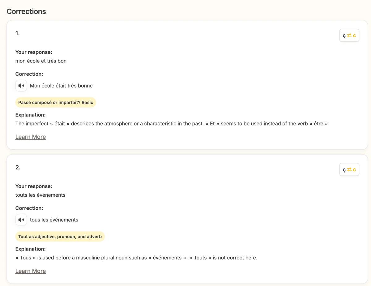 Dioma corrections, each tagged with the curriculum topic it comes from