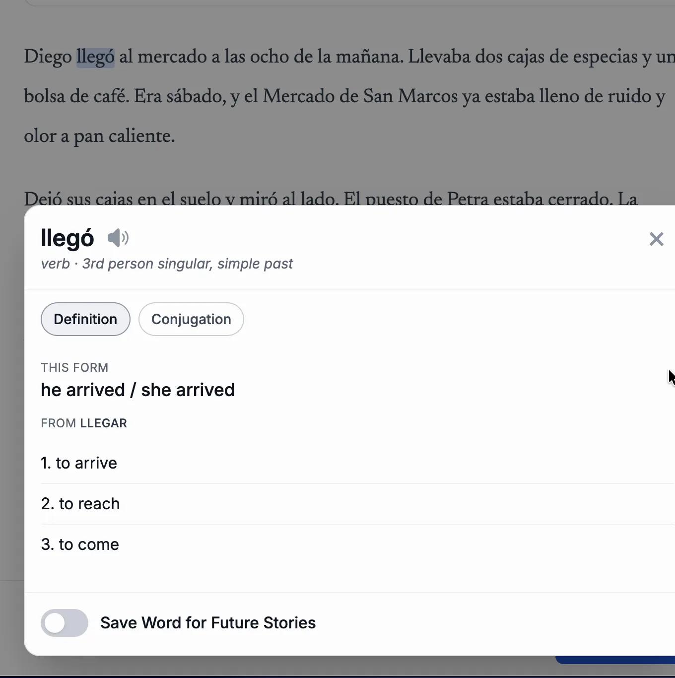 Word card for llegó showing its form, definitions, conjugation tab and save toggle