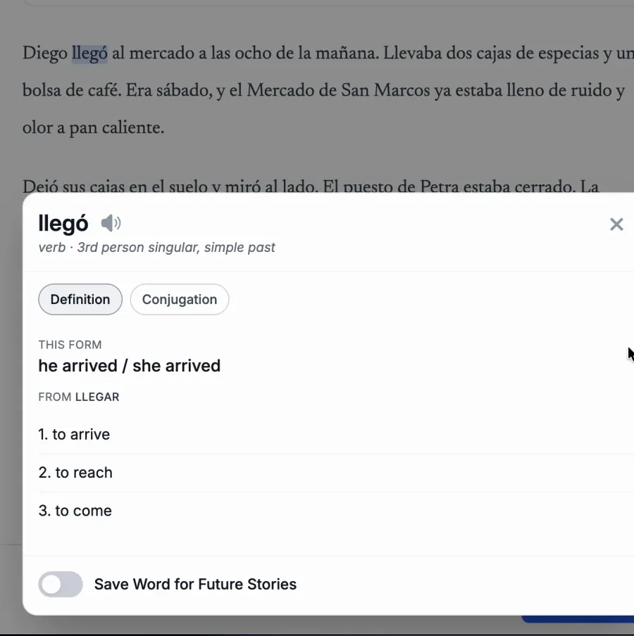 Word card for llegó showing its form, definitions, conjugation tab and save toggle