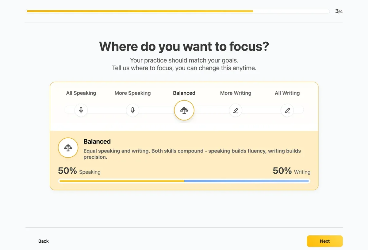 Dioma onboarding, choosing between speaking and writing focus