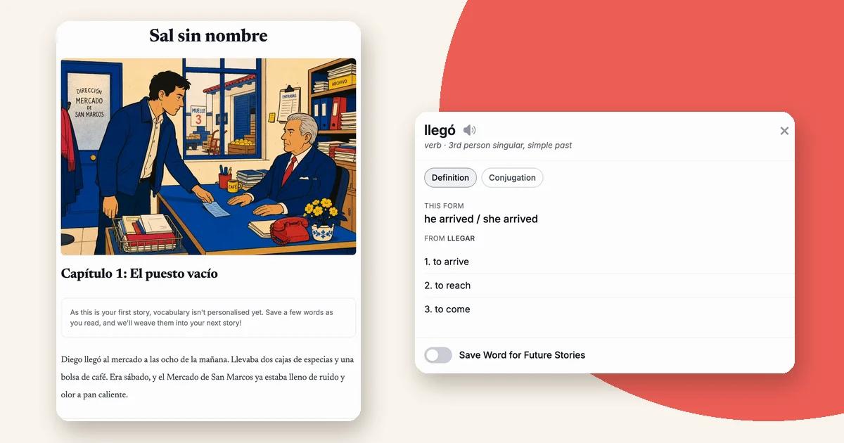 The StoryLearning App: a Spanish story with its illustration, and the pop-up you get when you tap a word