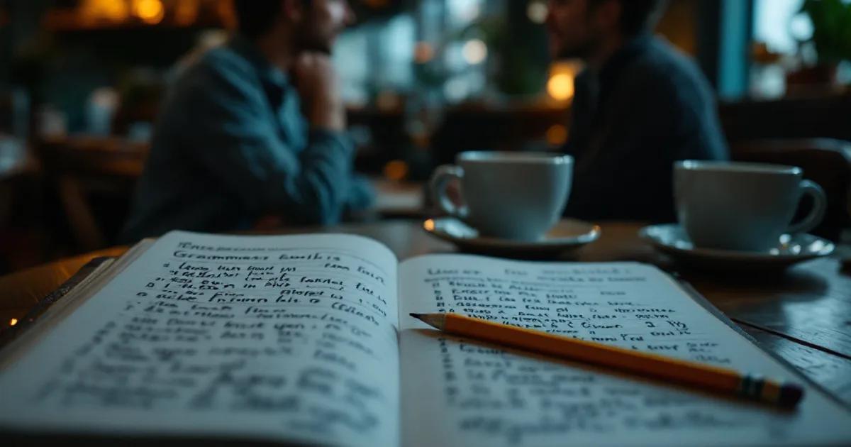 An open notebook of grammar notes on a cafe table while two people talk in the background