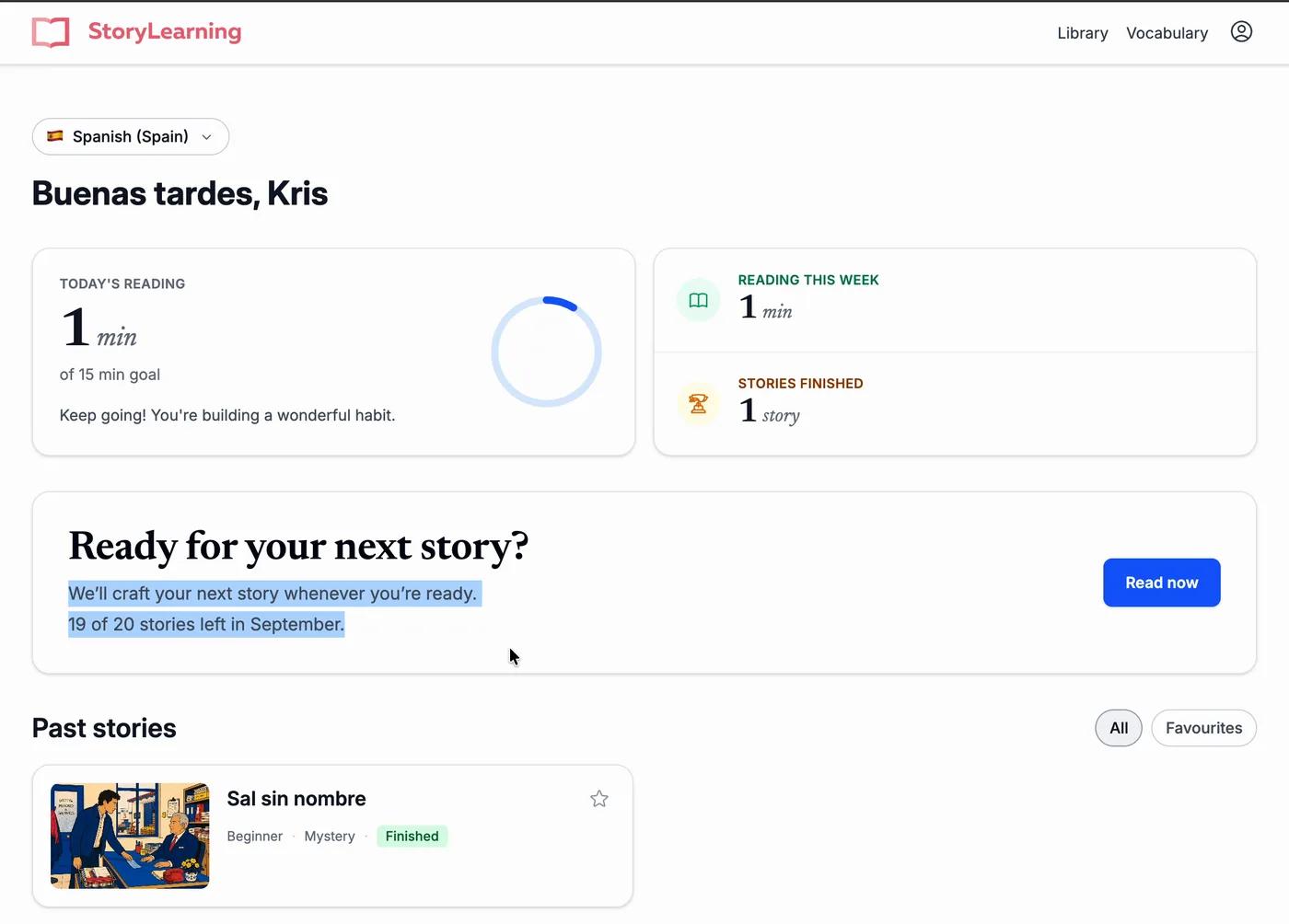 StoryLearning App home screen with reading time and stories left this month