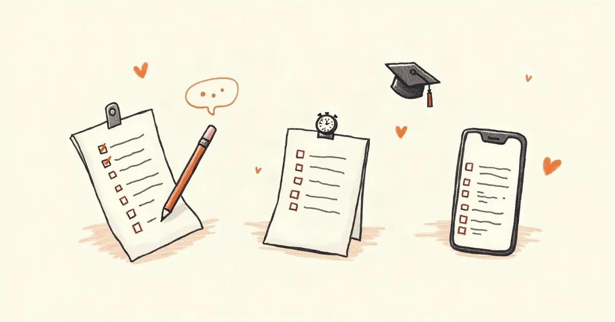 Hand-drawn doodle of a paper test, a folded test sheet and a phone showing a test, with a stopwatch and a graduation cap
