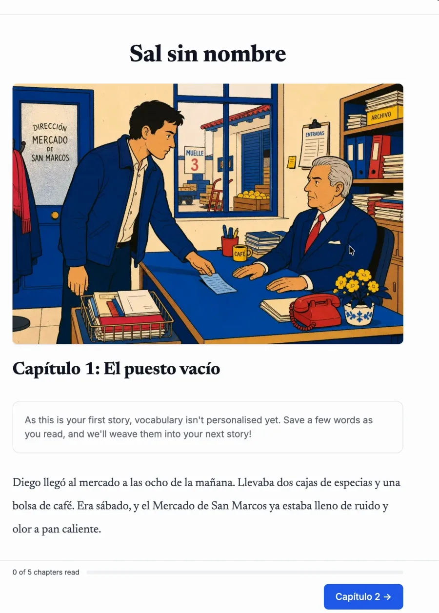 First chapter of the StoryLearning story Sal sin nombre with its illustration