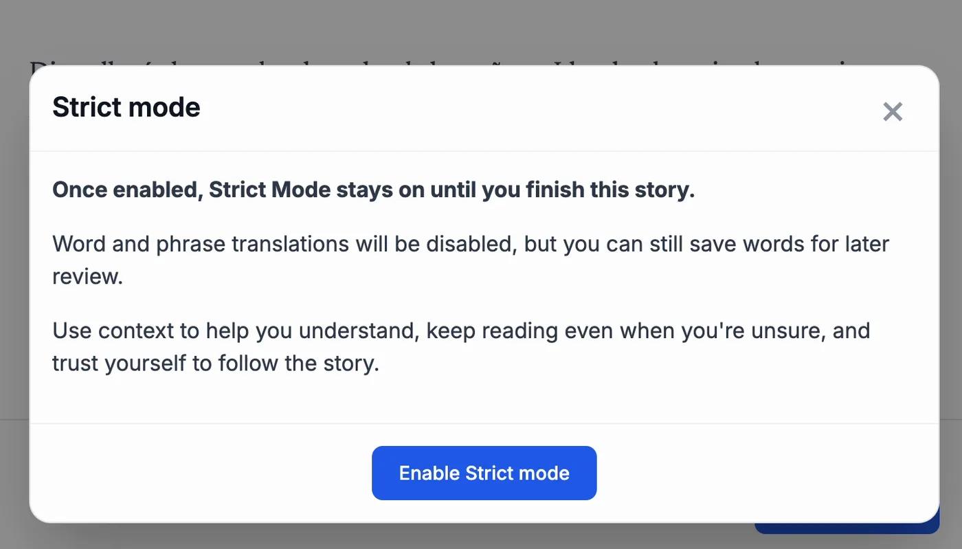 Strict mode explanation in the StoryLearning App