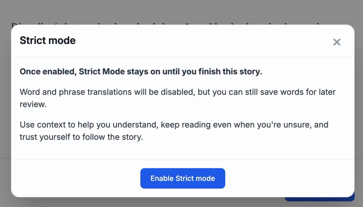 Strict mode explanation in the StoryLearning App