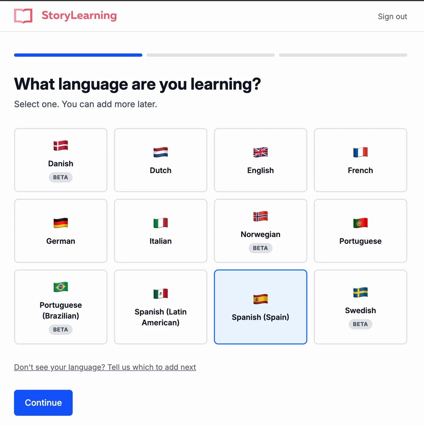 StoryLearning App language picker with Spanish (Spain) selected