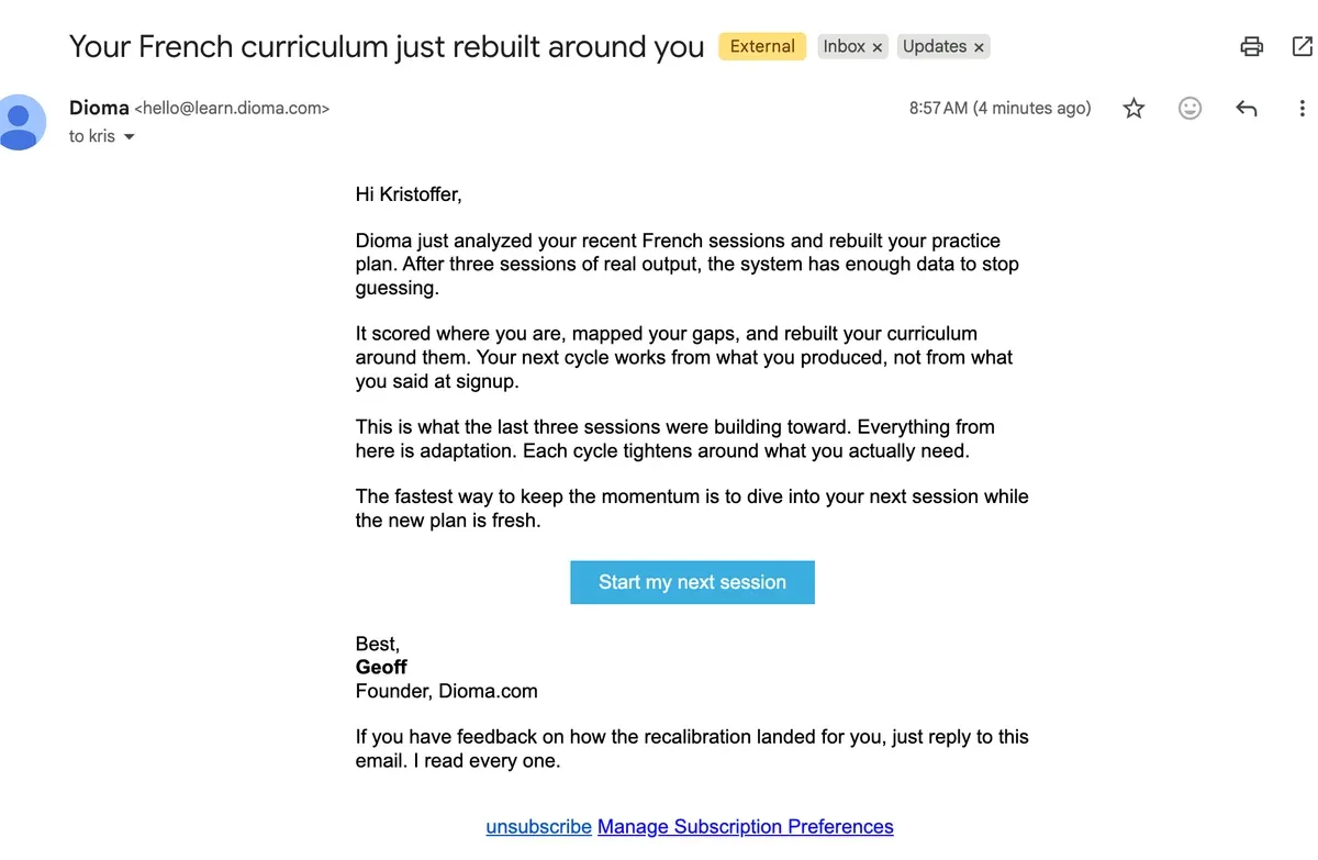 Email from Dioma saying the French curriculum has been rebuilt after three sessions