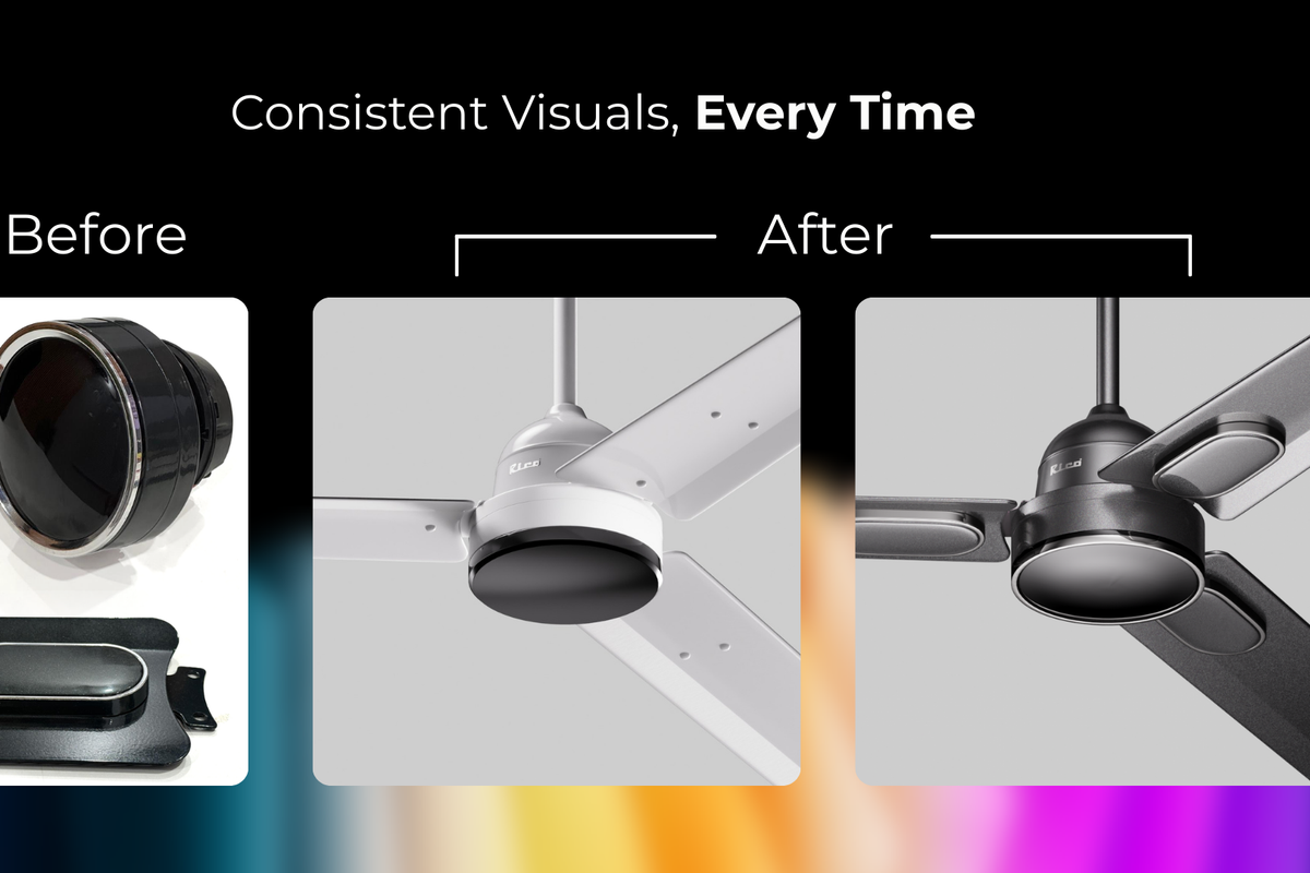 Before and after comparison showing raw reference photos of ceiling fan components transformed into flawless, photorealistic 3D renders in multiple color variations.