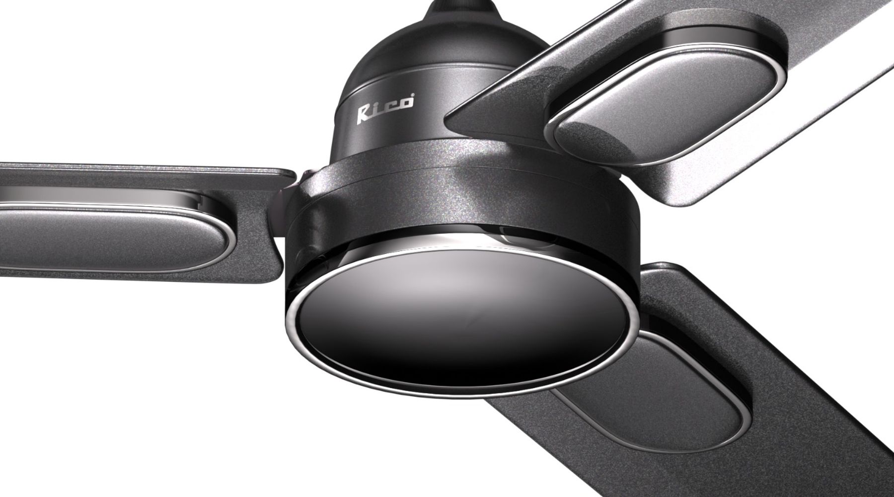 Photorealistic 3D product render of a Rico Appliances Ceiling fan mixer showcasing Pearl materials and glossy metallic finishes.