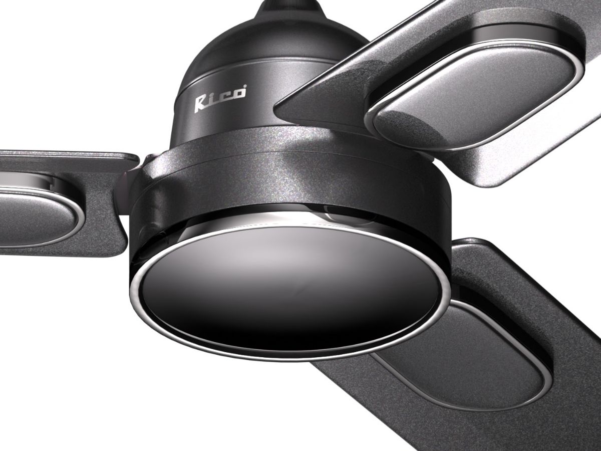Photorealistic 3D product render of a Rico Appliances Ceiling fan mixer showcasing Pearl materials and glossy metallic finishes.