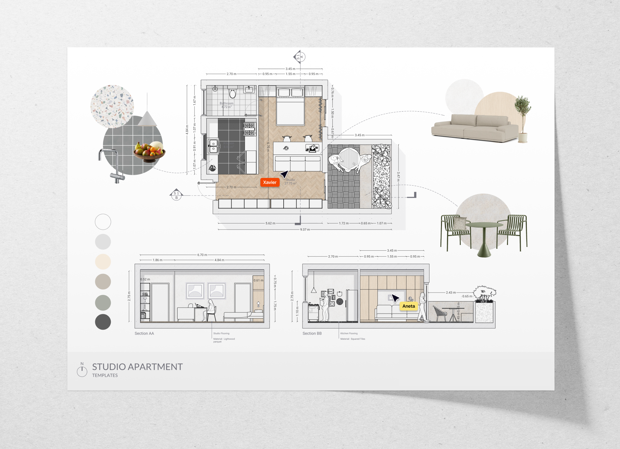 Studio apartment floor plan and sections