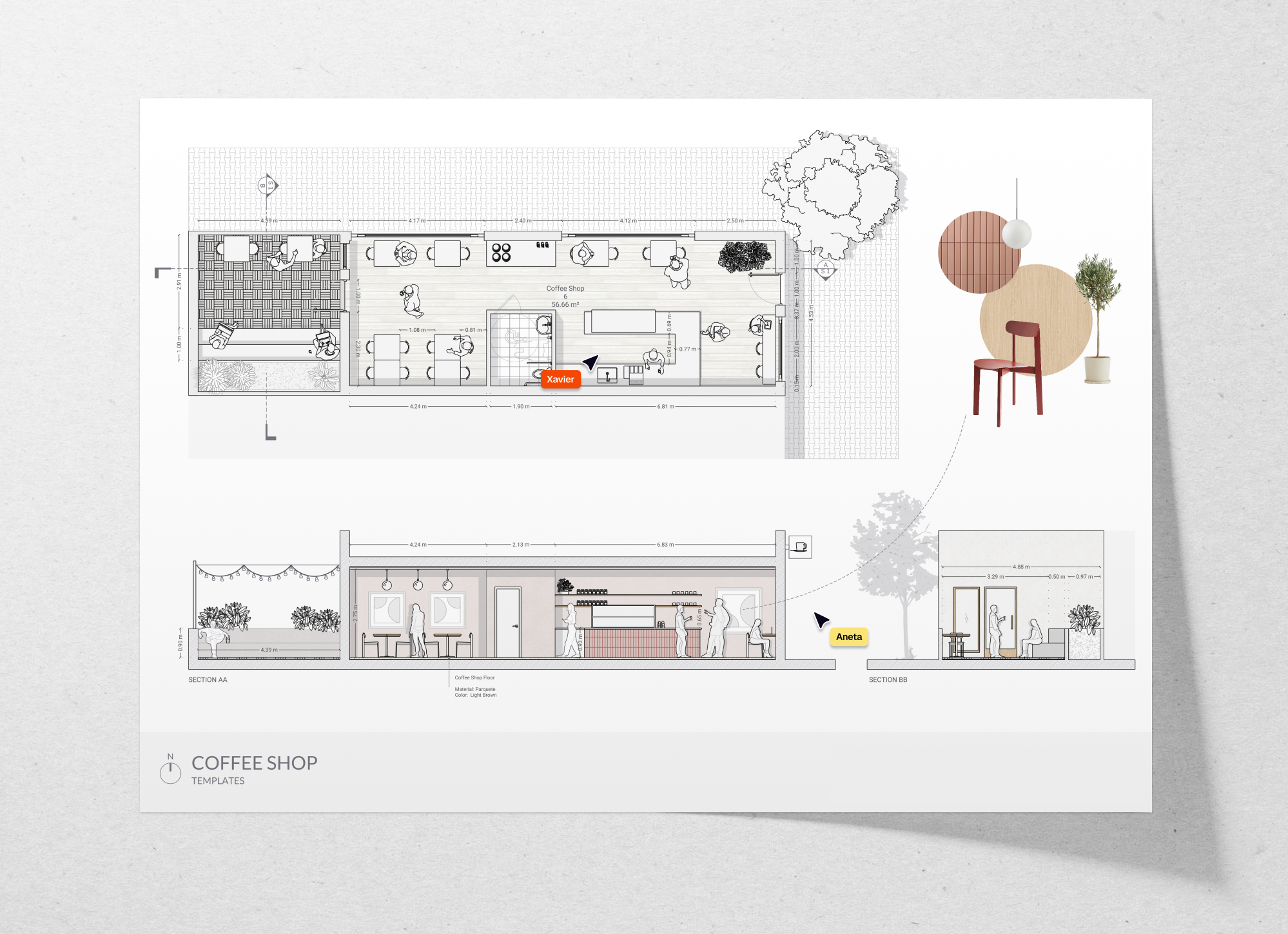 Coffee shop flop floor plan and sections